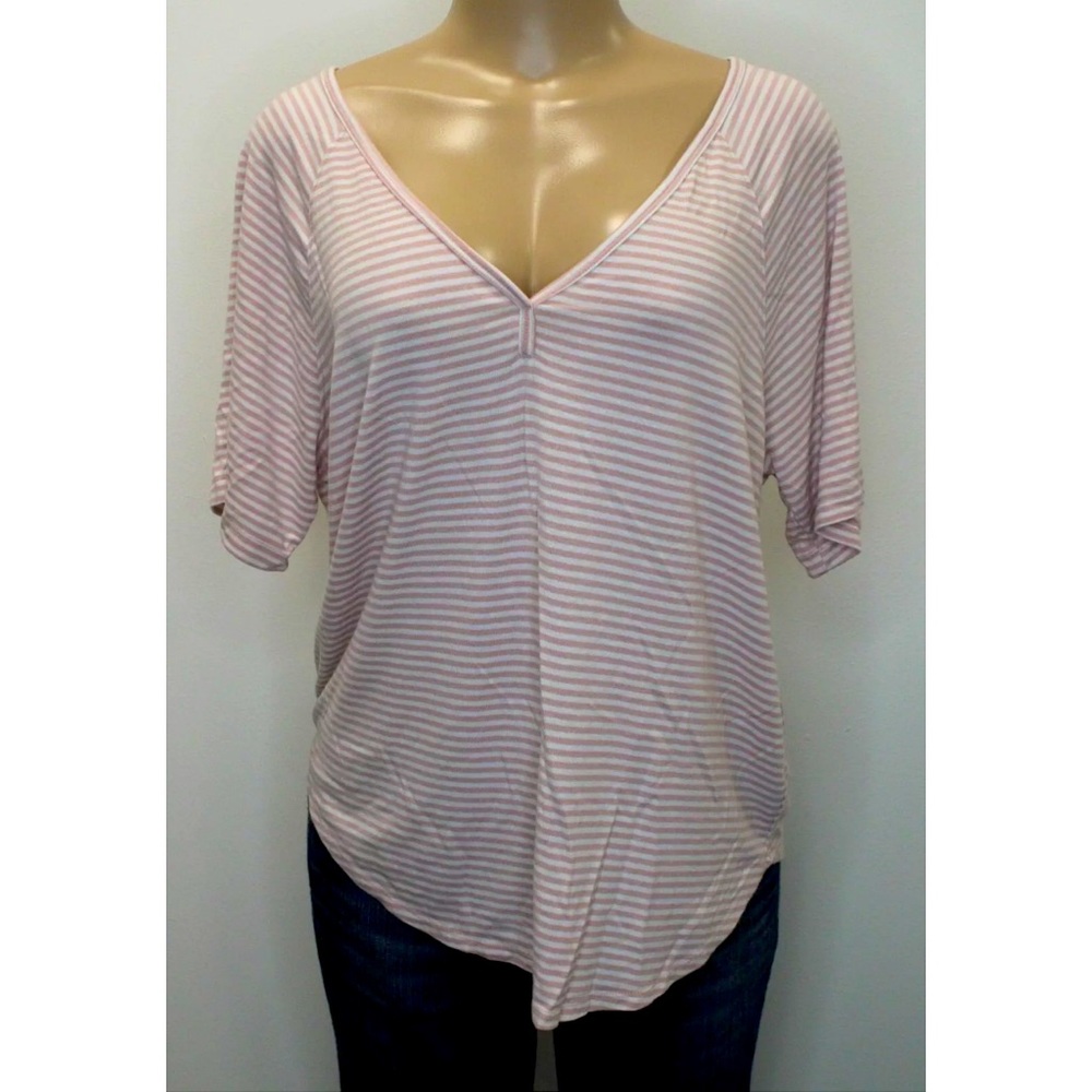 A New Day Womens White Blush Pink Striped V Neck Blouse Short Sleeve Size M
